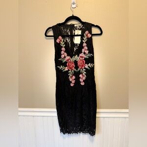Chic Black Lace Midi Dress with Floral Accents